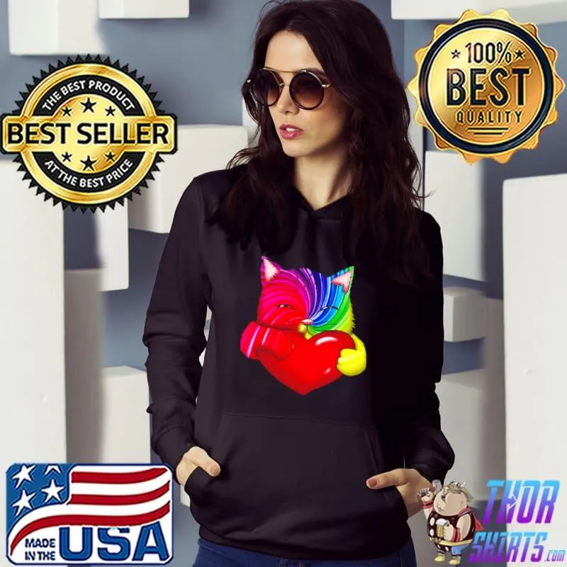 Official bunte Katze mit roten Herz Kunst Regenbogen Kater Pop Art Shirt