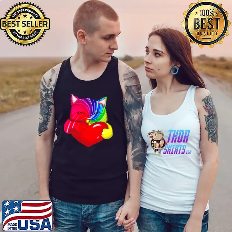 Official bunte Katze mit roten Herz Kunst Regenbogen Kater Pop Art Shirt Tank Top