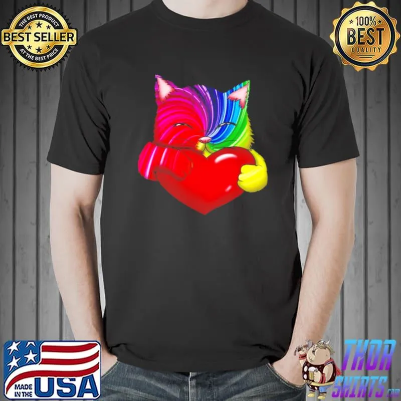 Official bunte Katze mit roten Herz Kunst Regenbogen Kater Pop Art Shirt Unisex