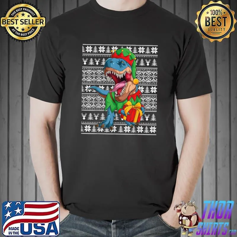 Official christmas Dinosaur T Rex Elf Costume for Boys Kids T-Shirt Unisex