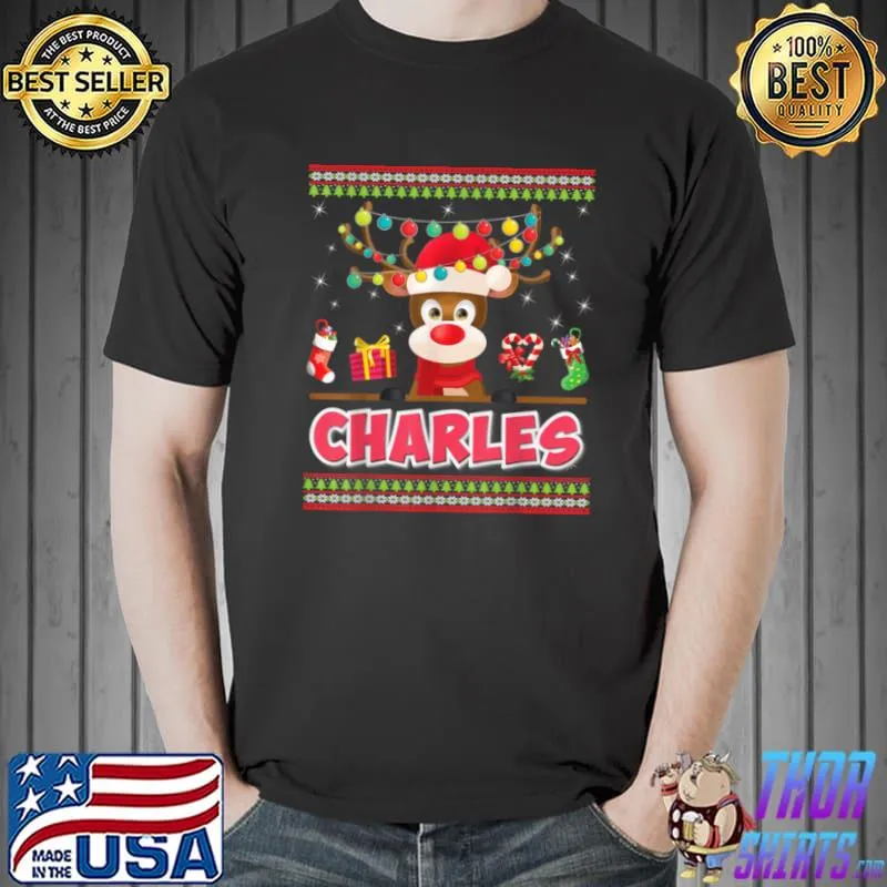 Official cute Reindeer Charles Merry Christmas Light Santa Hat Ugly T Shirt Unisex