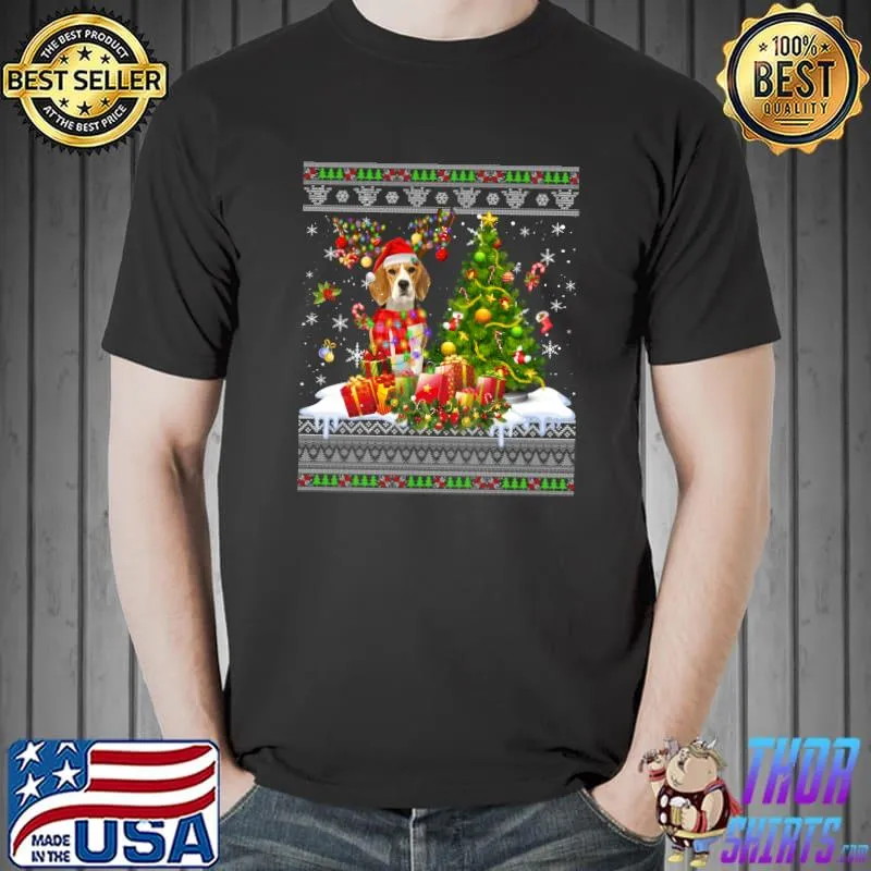 Official funny Christmas Lights Beagle Dog Funny Xmas Ugly Sweater T-Shirt Unisex