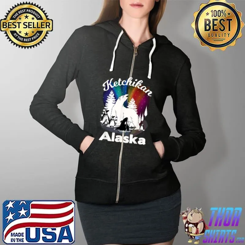 Official Ketchikan Alaska Aurora Borealis Bear Orca Souvenir T Shirt Full Zip Hooded