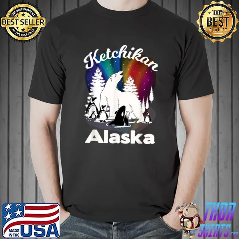 Official Ketchikan Alaska Aurora Borealis Bear Orca Souvenir T Shirt Unisex
