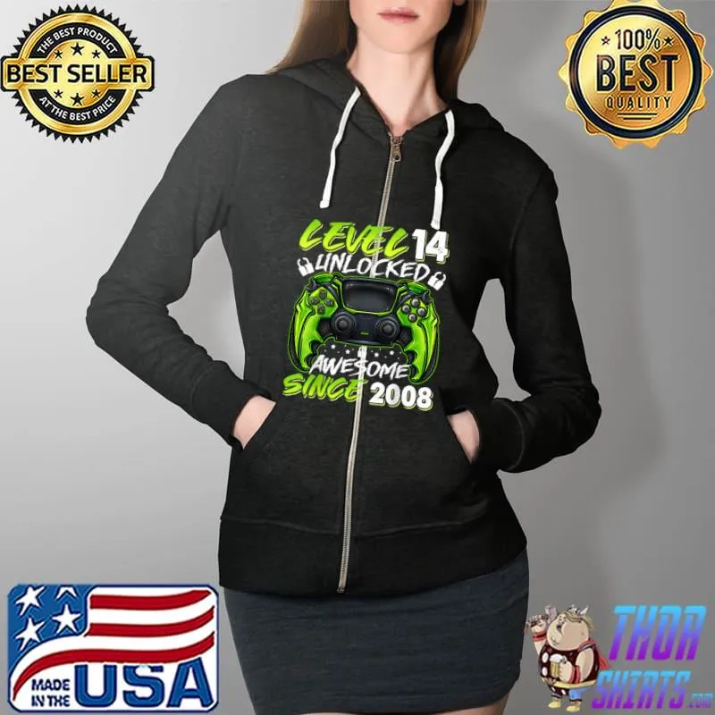 Official Level 14 Unlocked Awesome Since 2008 14th Birthday Gaming T Shirt Full Zip Hooded