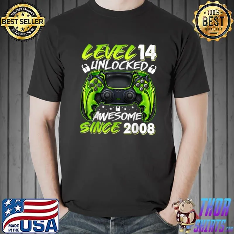 Official Level 14 Unlocked Awesome Since 2008 14th Birthday Gaming T Shirt Unisex