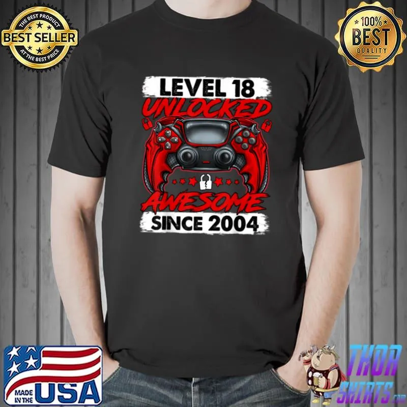 Official Level 18 Unlocked Awesome Since 2004 18th Birthday Gaming T Shirt Unisex
