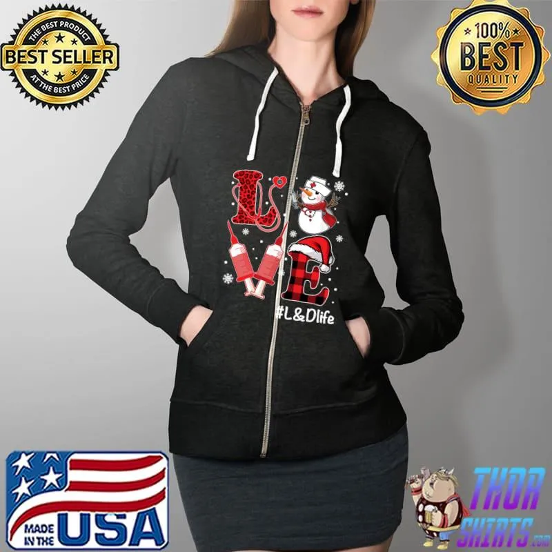 Official love L&D Nurse Life Snowman Buffalo Plaid Christmas Nursing T-Shirt Full Zip Hooded