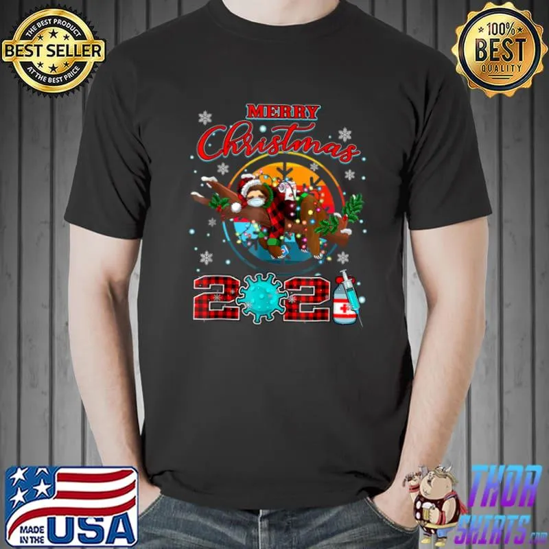 Official Merry Christmas 2021 Sloth Mask Red Plaid Pajama Kids T Shirt Unisex