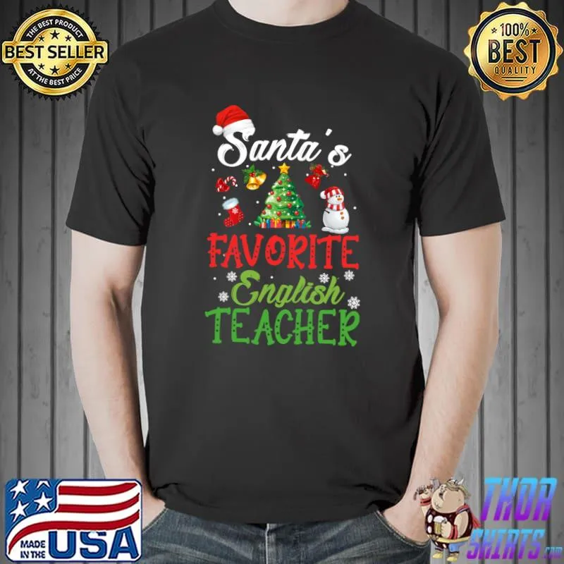 Official Santa's Favorite English Teacher Christmas Tree Santa Hat T Shirt Unisex