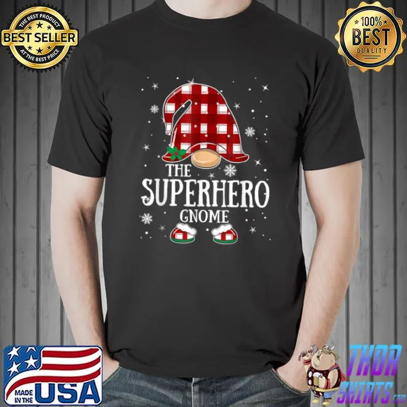 Official Superhero Gnome Buffalo Plaid Matching Family Christmas T Shirt
