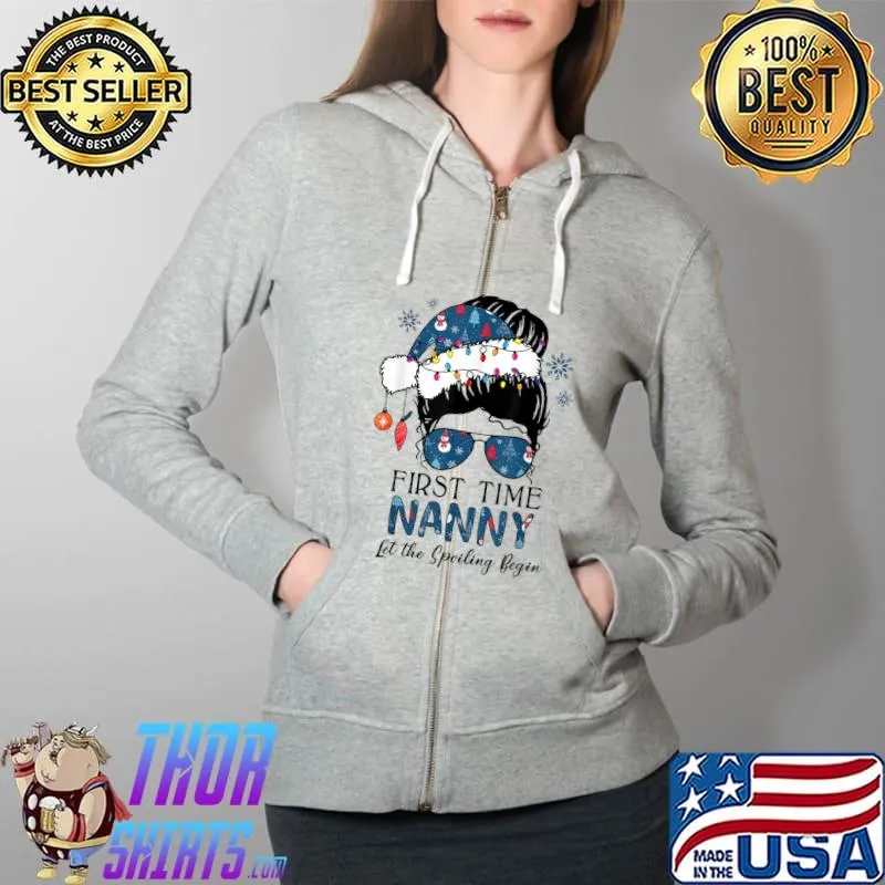 Original first Time Nanny Est. 2022 Messy Bun Xmas Lights Santa Hat T-Shirt Full Zip Hooded