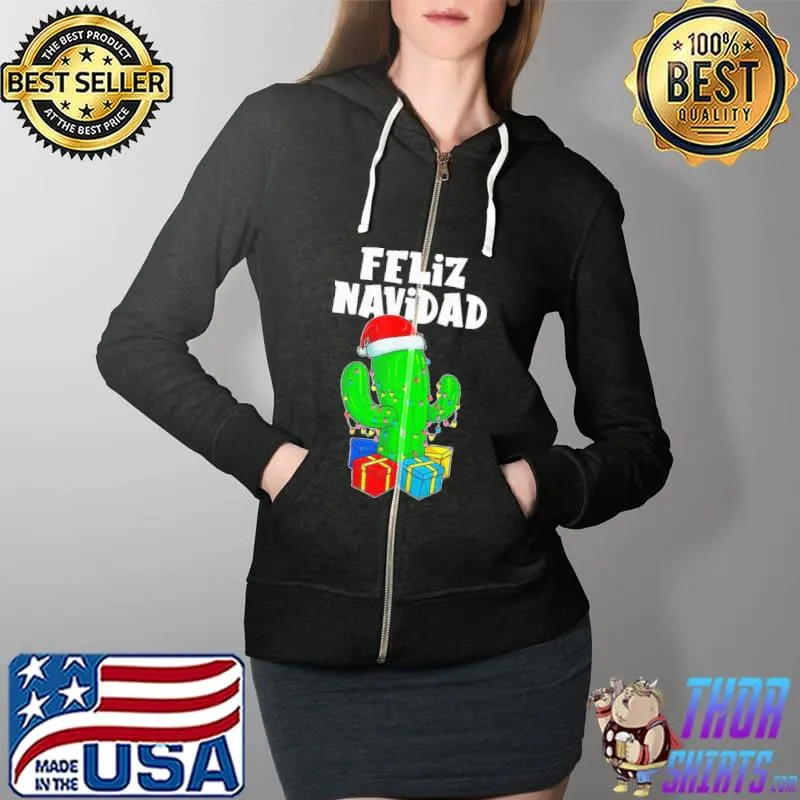 Original Good Funny Feliz Navidad Cactus Tree & Lights Spanish Pajama Christmas Shirt Full Zip Hooded