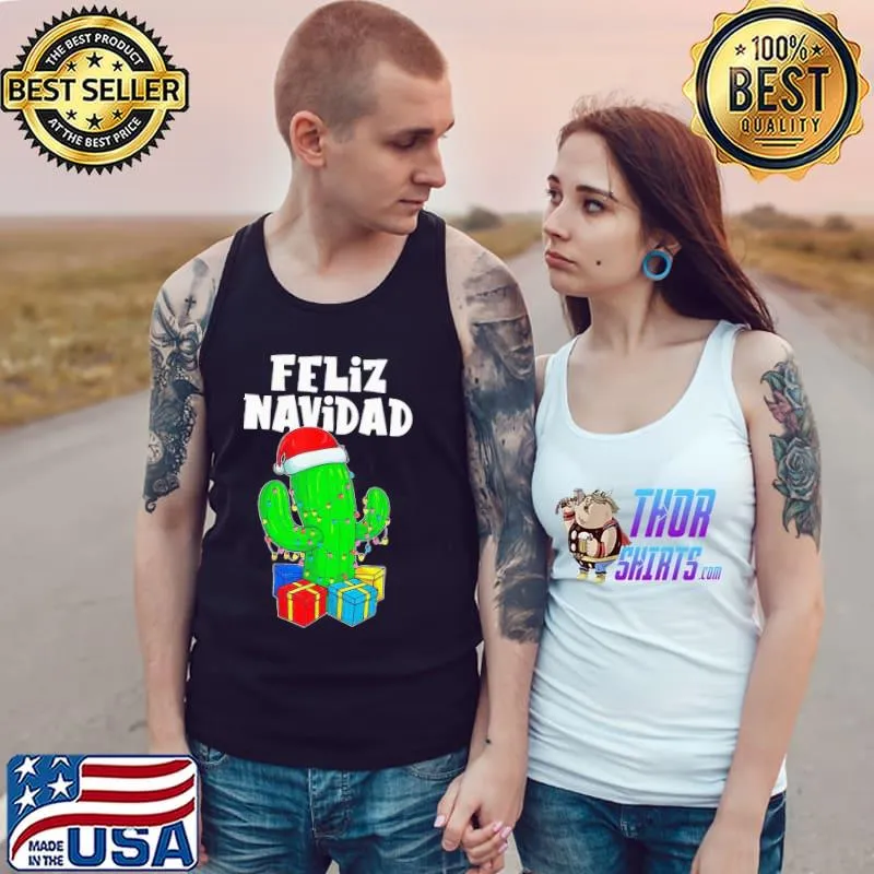 Original Good Funny Feliz Navidad Cactus Tree & Lights Spanish Pajama Christmas Shirt Tank Top