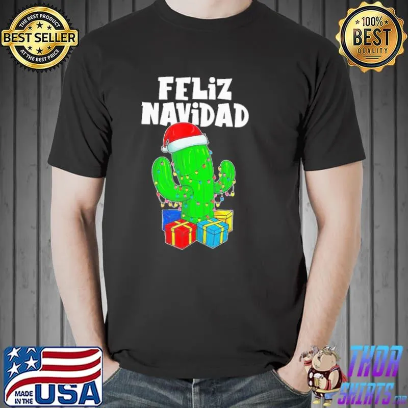Original Good Funny Feliz Navidad Cactus Tree & Lights Spanish Pajama Christmas Shirt Unisex