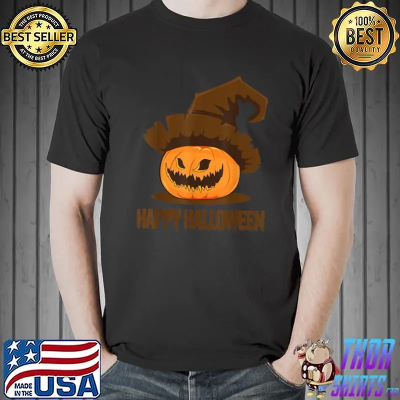 Original Jack O Lantern Pumpkin Face Happy Halloween Witch long hat T Shirt Unisex