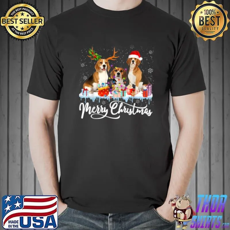 Original Merry Christmas Beagle Santa Light Reindeer Hat In Snow T Shirt Unisex