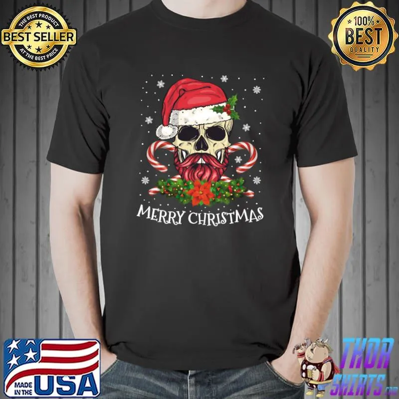 Original Merry Christmas Cool Skeleton Skull Hat Santa Candy Cane T-shirt