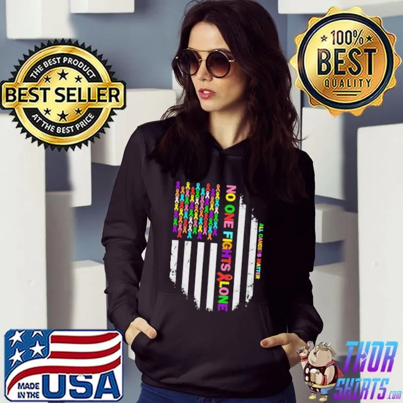 Original no One Fights Alone Cancer Awareness Ribbon Flag Shirt