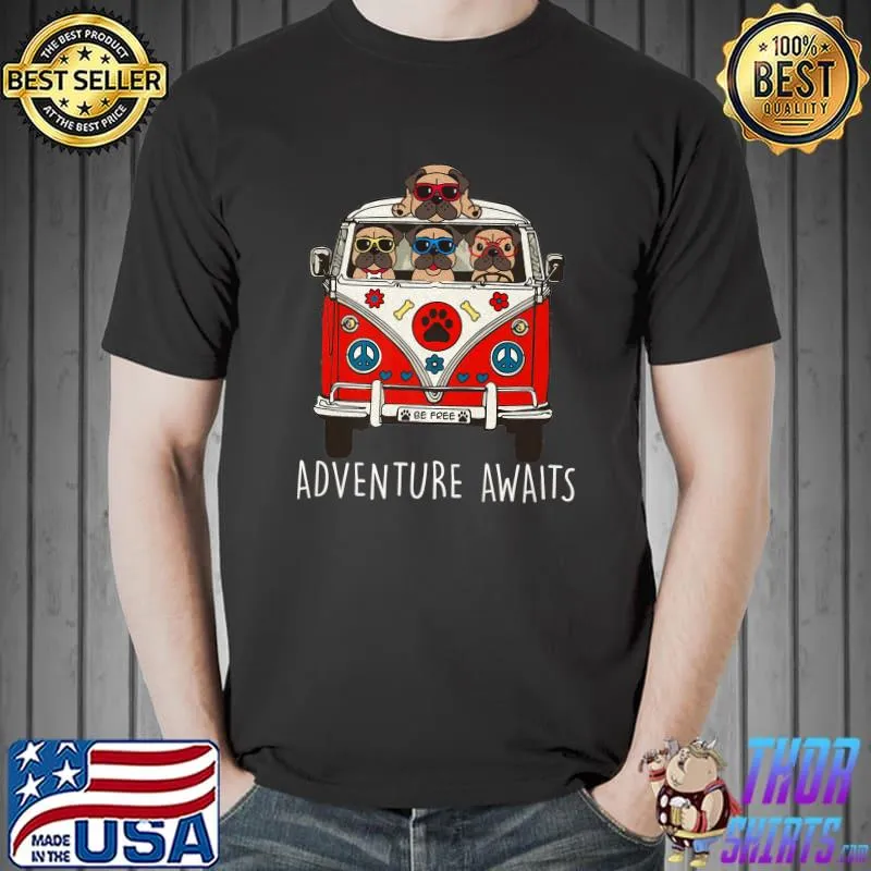 Original pug Adventure Awaits Artwork Camper T-Shirt Unisex