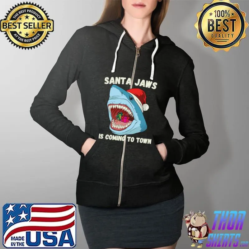 Original Santa Jaws Is Coming to Town Kids Christmas Shark Santa Hat T- Full Zip Hooded