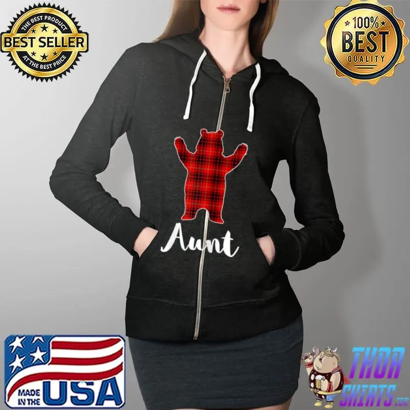 Original Womens Red Aunt Bear Buffalo Plaid Family Christmas Pajamas T Shirt Full Zip Hooded