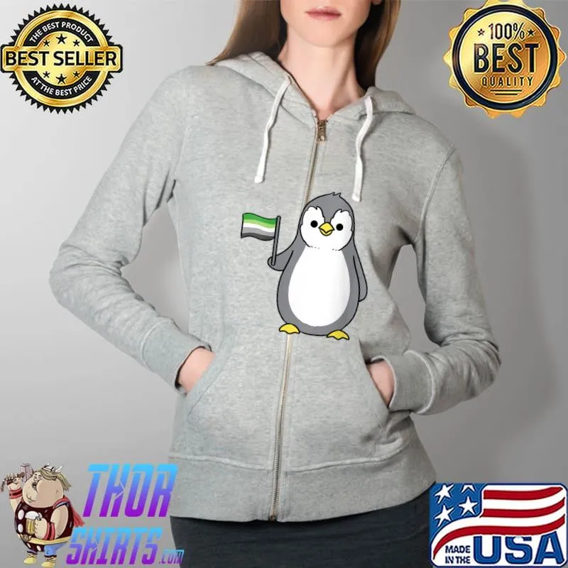Penguin With Aromantic Pride Flag T-Shirt Full Zip Hooded