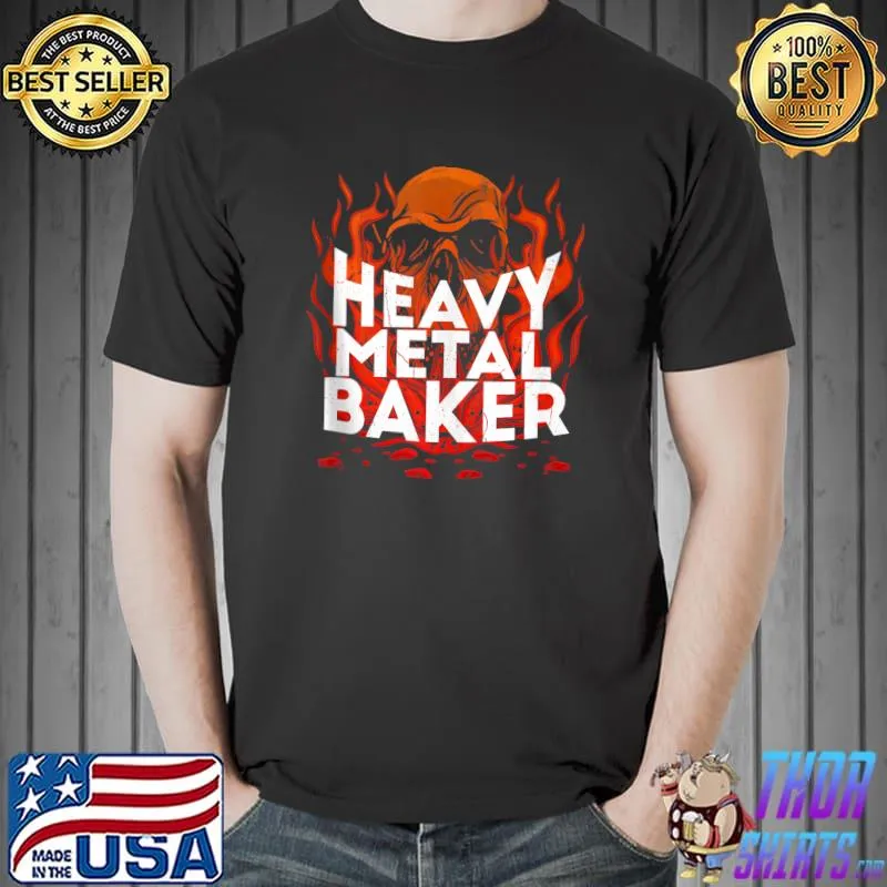 Premium Brutal Heavy Metal Crew Heavy Metal Baker Skull On Flames T- Unisex