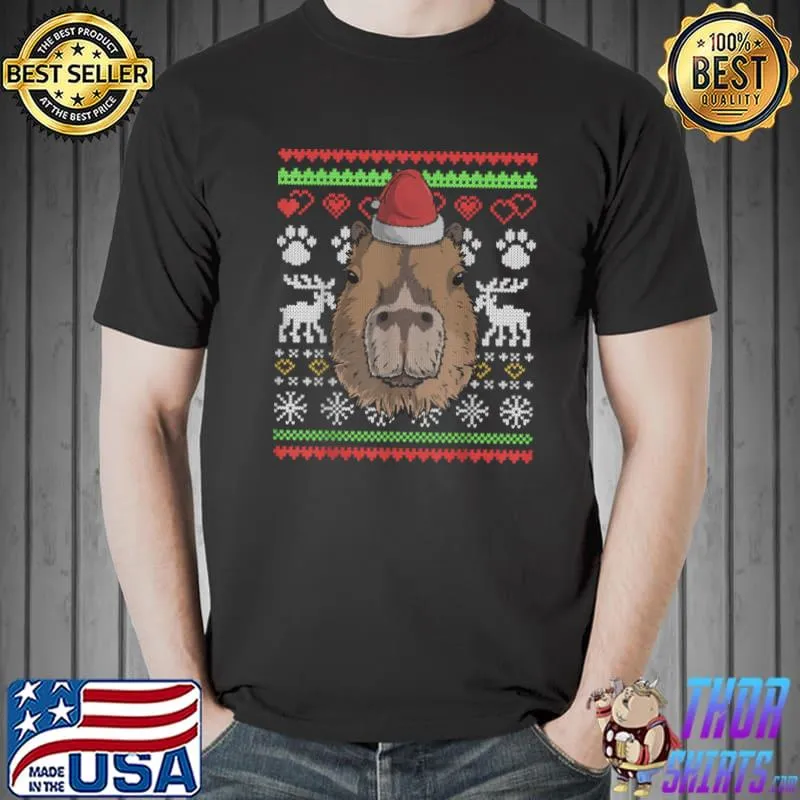 Premium Capybara Santa Claus Ugly Christmas Pattern X Mas T Shirt Unisex