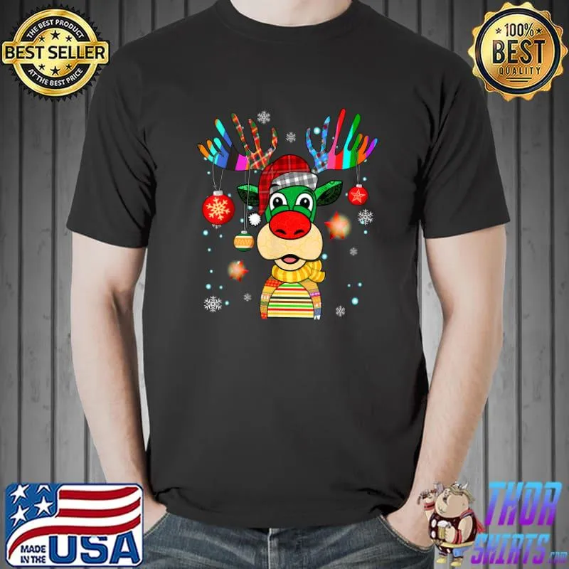 Premium Christmas Reindeer Plaid Print Santa Hat Graphic Girl T-Shirt Unisex
