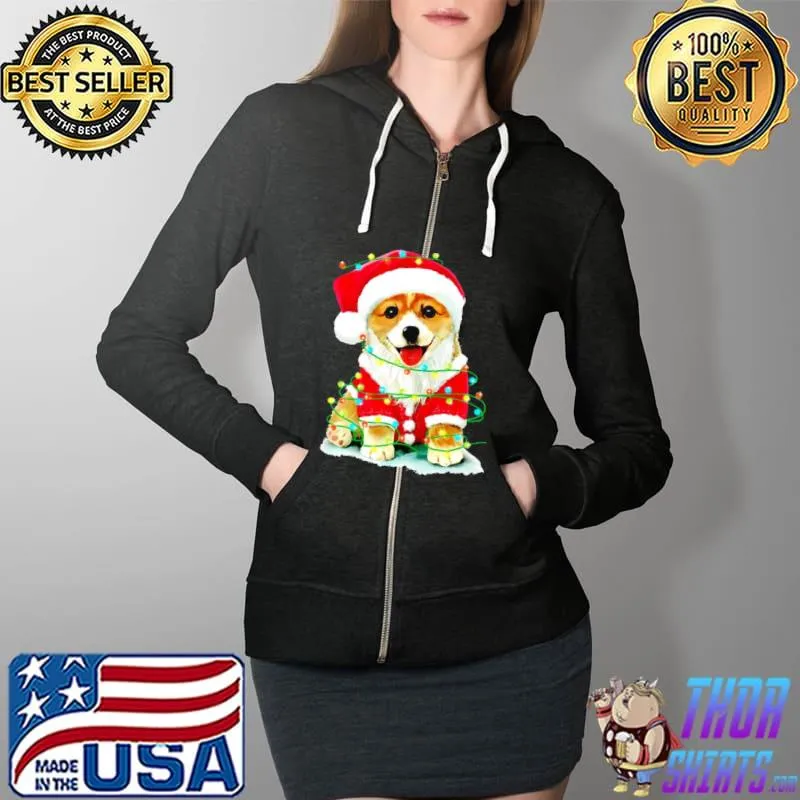 Premium Corgi Lights Santa Christmas Full Zip Hooded