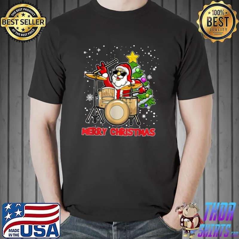 Premium Funny Merry Christmas Drum And Santa Drummer Lover Xmas T-Shirt