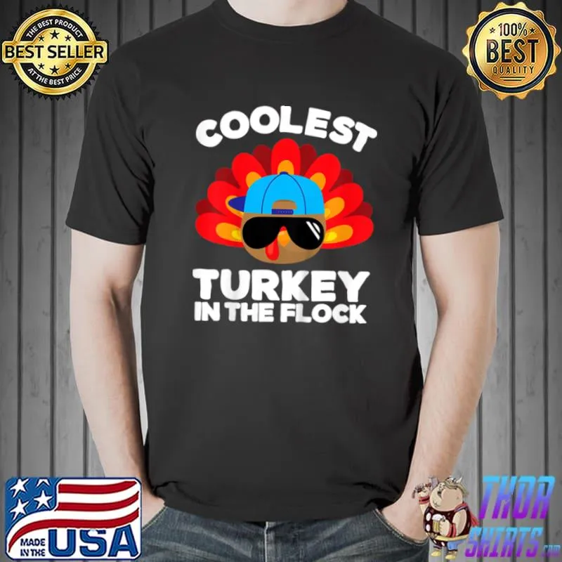 Premium Kids Coolest Turkey In The Flock Toddler Boys Thanksgiving Kids T Shirt Unisex