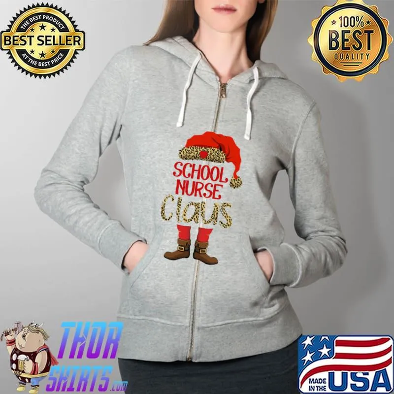 Premium Leopard School Nurse Claus Christmas Shirt Full Zip Hooded