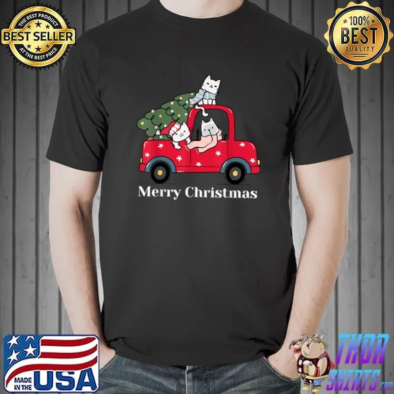 Premium Merry Christmas Red Truck Cat Lover Pajama T-Shirt