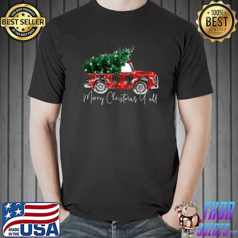 Premium Merry Christmas Y’all Plaid Red Truck Christmas Tree In Snow T Shirt Unisex