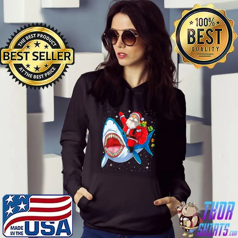 Premium Santa Claus Riding Shark Christmas Boys Merry Sharkmas Xmas T-shirt