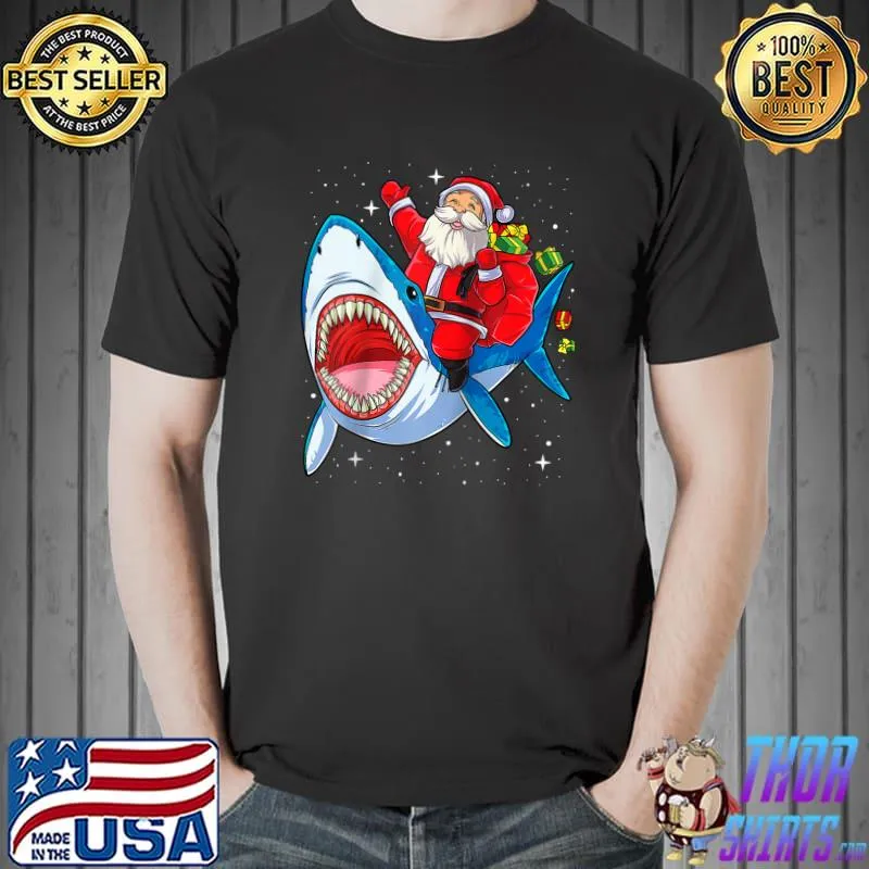 Premium Santa Claus Riding Shark Christmas Boys Merry Sharkmas Xmas T- Unisex