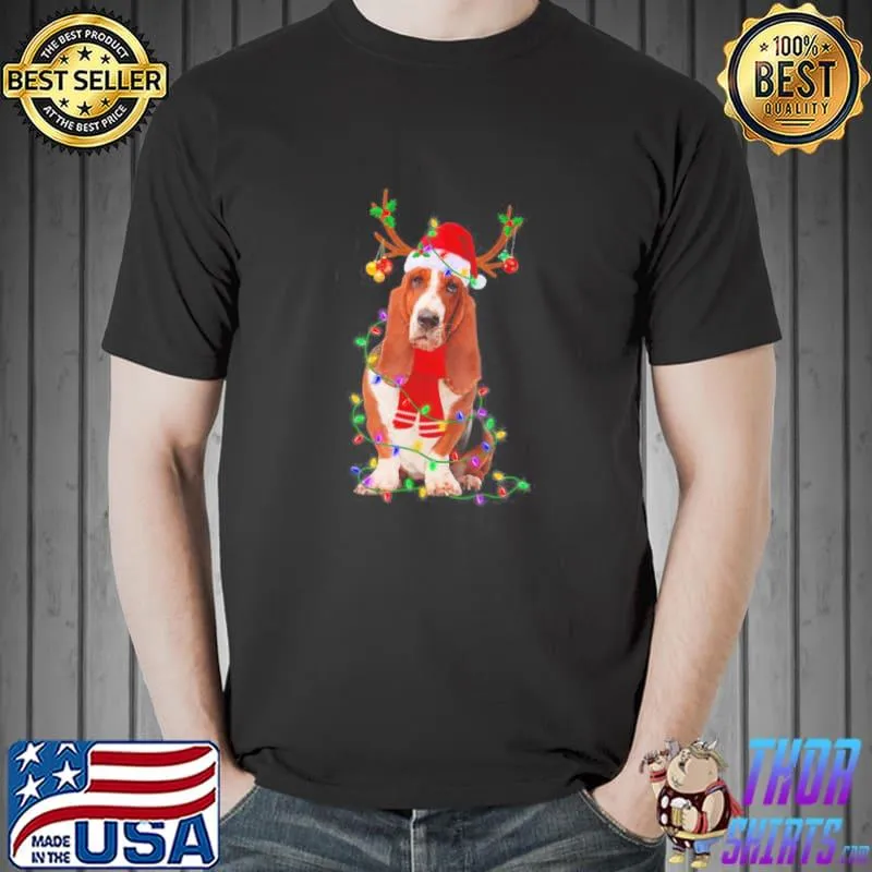 Top Basset Hound Christmas Lights Xmas Matching Family Dog Lover T-Shirt Unisex