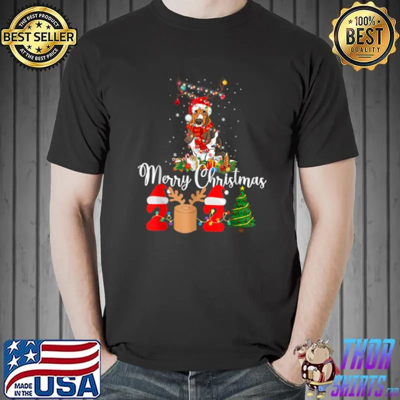 Top Basset Hound Christmas Reindeer Santa Lights Xmas Dog Lovers T Shirt Unisex