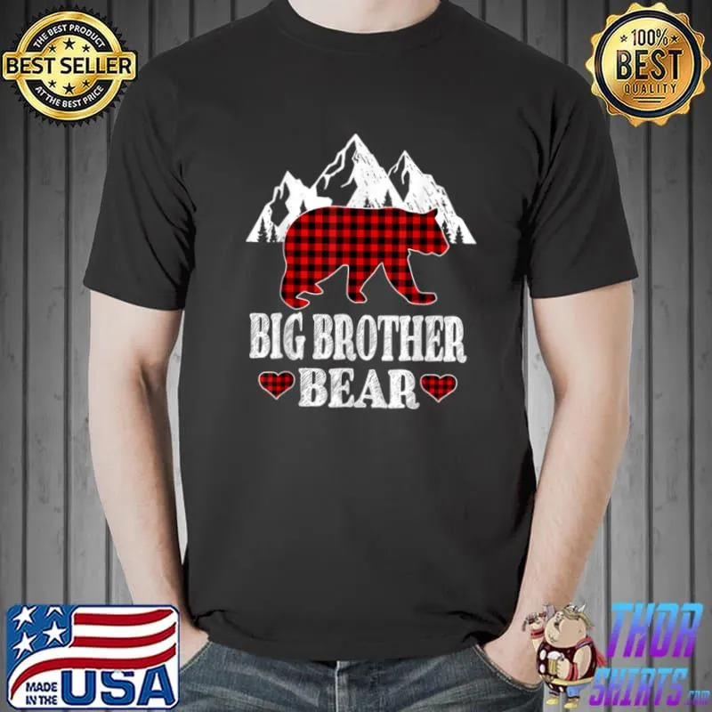 Top Big Brother Bear Christmas Pajama Red Plaid Buffalo Matching T Shirt Unisex