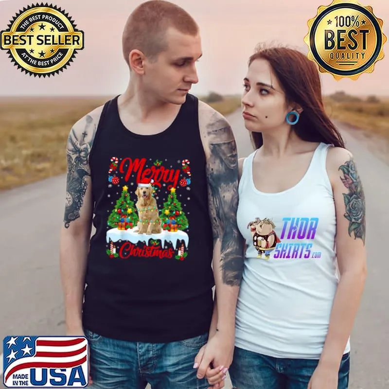 Top Funny Xmas Lighting Santa Hat Golden Retriever Dog Christmas Shirt Tank Top