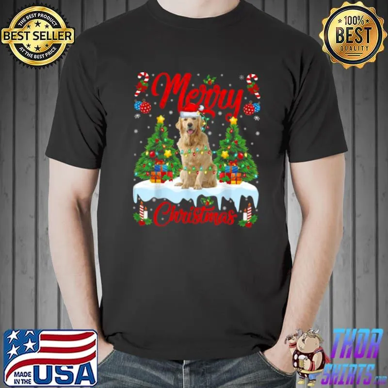 Top Funny Xmas Lighting Santa Hat Golden Retriever Dog Christmas Shirt Unisex