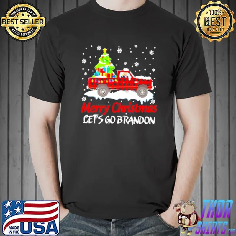Top Let’s Go Brandon Merry Christmas Trump Riding Plaid Truck T Shirt Unisex