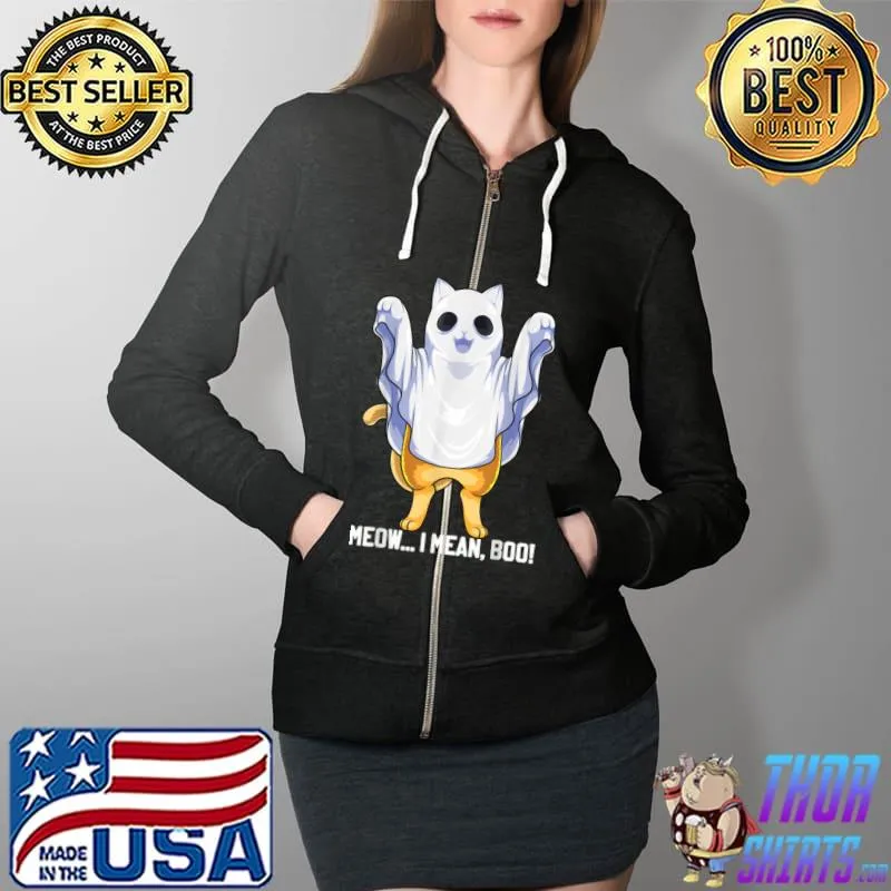 Top Meow I Mean Boo Ghost Cat Funny Halloween Costume Boys Kids T Shirt Full Zip Hooded