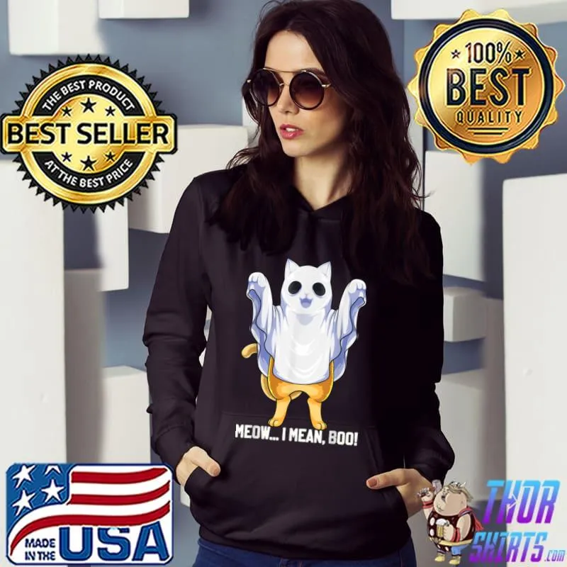 Top Meow I Mean Boo Ghost Cat Funny Halloween Costume Boys Kids T Shirt