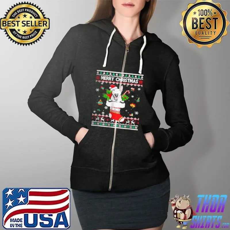 Top Merry Christmas Bull Terrier In Sock Dog Ugly Xmas T Shirt Full Zip Hooded