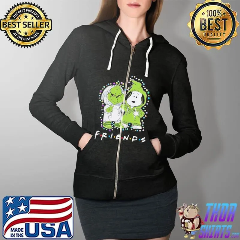 Top Official Baby Grinch And Snoopy Friends Christmas Light Shirt Full Zip Hooded