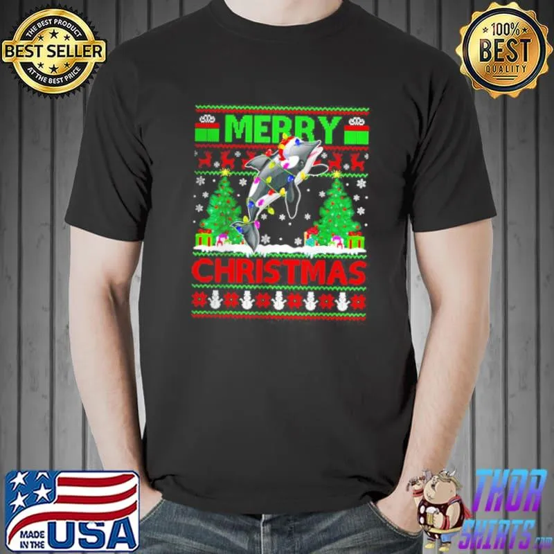 Top Orca Fish Lover Xmas Lighting Santa Ugly Orca Christmas T Shirt Unisex