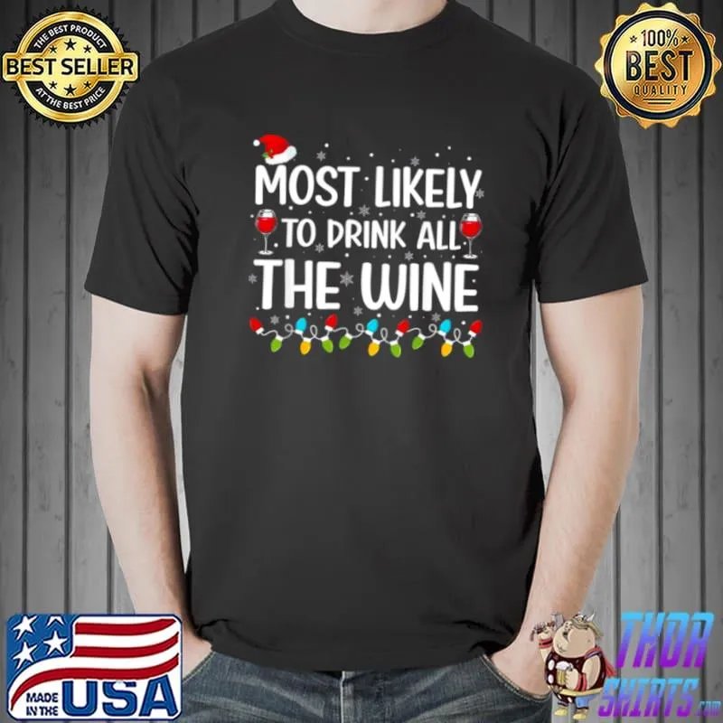 Top Wine Ugly Christmas Sweater Santa Hat Lights Xmas Pajama T Shirt